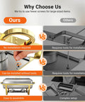 Comparison of Super Sized Buffet Chafing Dishes Set showing easy installation vs complex setup with tools.
