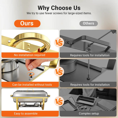 Comparison of Super Sized Buffet Chafing Dishes Set showing easy installation vs complex setup with tools.
