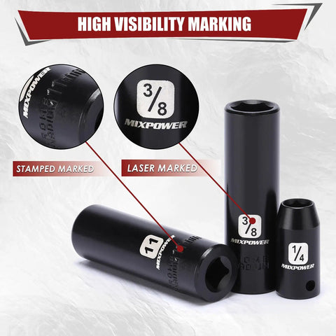 Impact Socket Set 1/4 Inch Drive, 50-Piece CR-V Steel, 6 Point SAE and Metric, showing high visibility laser marking.