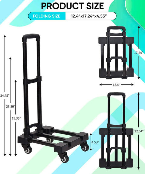 Heavy Duty Folding Hand Truck With Four Smooth Rollin Casters And Bungee Straps, Portable Luggage Cart Holds Two Hundred Pounds, Flips Flat For Tight Trunk Fits And Makes Back Savin Hauls A Total Cinch In Black