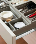 Open drawer with cutlery organizer showing Beefy Heavy Duty 10 Inch Drawer Slides Set With Powder Coated Metal Rails And Quiet Rollers