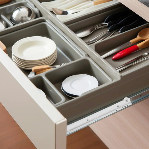 Open drawer with cutlery organizer showing Beefy Heavy Duty 10 Inch Drawer Slides Set With Powder Coated Metal Rails And Quiet Rollers