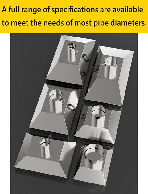 Set of Straight Up Heavy Duty Stainless Steel Dust Collector Hood For Industrial Fume Extraction Vacuum Adapter showing various sizes for pipe diameters.