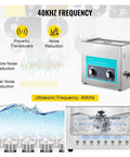 Ultrasonic Parts Cleaner With Lid And Handle For Jewelry, Vinyl Records, Eyeglasses, and more, showing 40KHz frequency details.