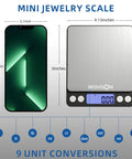 Pro Grade Jewelry Scale 500G By 0.01G Digital Gold Scale with LCD display next to smartphone for size comparison, showing 9 unit conversions.
