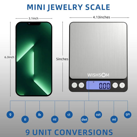 Pro Grade Jewelry Scale 500G By 0.01G Digital Gold Scale with LCD display next to smartphone for size comparison, showing 9 unit conversions.