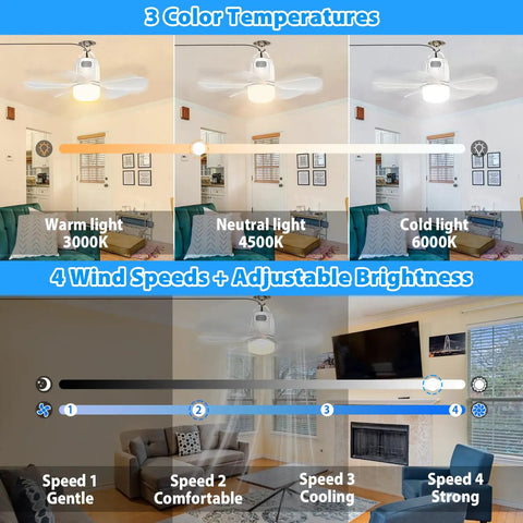 Outdoor Gazebo Ceiling Fan With Light showing 3 color temperatures and 4 wind speeds with remote control for versatile comfort