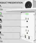 Wall Mounted Power Strip With Shelf For Easy Access 8 AC Outlets And 2 USB Ports Type C And Type A Total 5V 3.4A Output