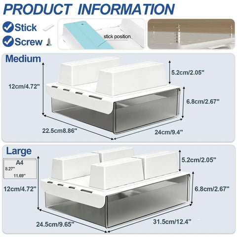 Level Up Your Desk Game With These Smooth Glide Under Desk Drawers Large And Medium 2 Pack Slide Out Storage Organizer For Tables With Lips adhesive workspace flex kit for clean vibes with product dimensions.