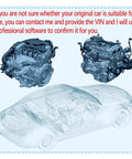 Two car engine diagrams with a transparent vehicle model, providing verification service for compatibility using VIN.