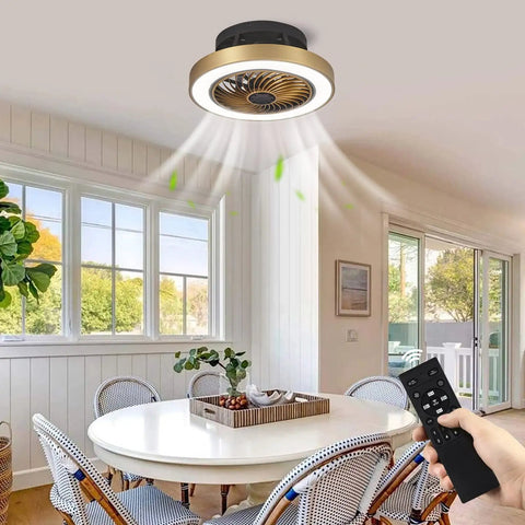 Enclosed Low Profile Ceiling Fan With Light In Modern Gold 3 Color Dimming LED Lights 6 Speed Indoor Ceiling Fan For Bedroom
