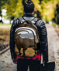 Alpine Wild Horned Goat Print Backpack for Unisex Large Capacity Daypack worn by person in leather jacket on a tree-lined path.