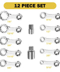 12 Piece SAE Torque Adapter Set With 12 Point Box Ends Covering 5/16 To 7/8 Inch, 3/8 Inch Drive Extension, Auto Repair Essentials For Tight Spaces, Pro Grade Wrench Kit Built For DIYers And Pros. 12-piece chrome vanadium SAE adapter set with 3/8-inch drive
