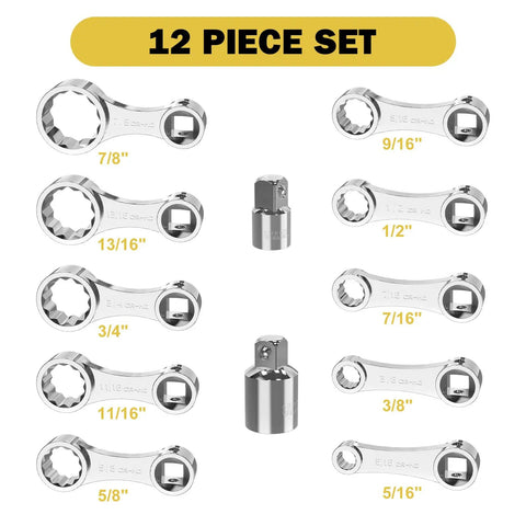 12 Piece SAE Torque Adapter Set With 12 Point Box Ends Covering 5/16 To 7/8 Inch, 3/8 Inch Drive Extension, Auto Repair Essentials For Tight Spaces, Pro Grade Wrench Kit Built For DIYers And Pros. 12-piece chrome vanadium SAE adapter set with 3/8-inch drive