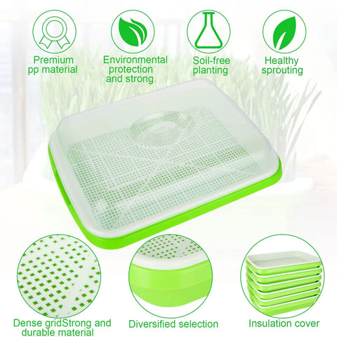 Six Pack Seed Sprouting Trays With Drain Holes BPA Free Plastic Germination Trays For Microgreens Wheatgrass Sprouting Propagation At Home Or In The Office Garden, shown with green edges and transparent lid, featuring premium materials icons.