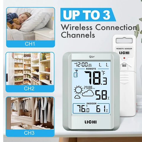 Indoor Outdoor Wireless Weather Station With External Thermometer Hygrometer Monitor All In One 330Ft Range Remote Sensor Battery Operated Backlit Display Real Time Temperature Humidity Readings Grey shown with sensor and display options