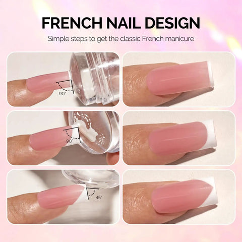 French Nail Stamper Kit with upgraded secure fit silicone stampers and scrapers for French tips nail art demonstration steps