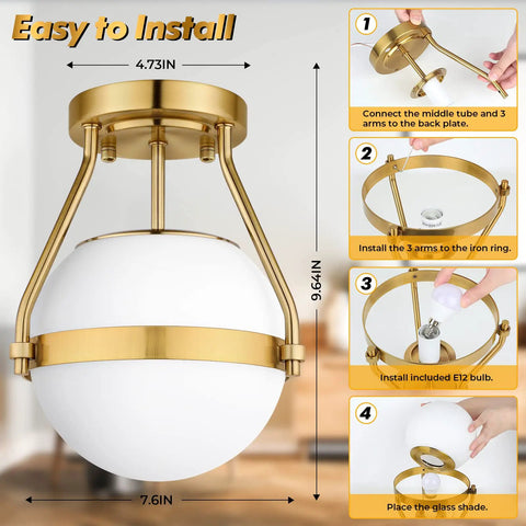 Dope Mid Century Globe Semi Flush Mount Ceiling Light In Brushed Gold With Milky White Glass Shade Industrial Style Fixture
