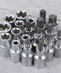 19 Piece 1/2 Inch Drive Star And Hex Socket Bit Kit With E Type Male And Female Wrenches on gray surface