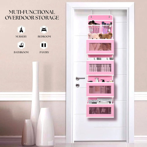 Sweet Pink Over The Door Organizer With Four Roomy Clear Pockets For Hanging Storage In Nursery Bedroom Or Closet To Stash Baby Essentials Toys And Cosmetics No Fuss Setup Gonna Love This Super Neat Look, displaying clear pockets.