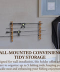 Deluxe Rustic Burnt Solid Wood Fishing Rod Holder, Wall Or Ceiling Mount Rack That Holds Five Rods, installed on wall