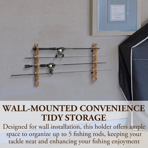 Deluxe Rustic Burnt Solid Wood Fishing Rod Holder, Wall Or Ceiling Mount Rack That Holds Five Rods, installed on wall