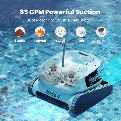 Hydro 4 Inground Pool Vacuum Cleaner with 50ft cord cleaning floor; sand, leaves, twigs, hair, bugs visible.