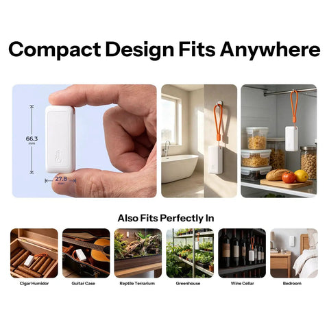 AirGuard TH Lite Zigbee Temperature Humidity Sensor With App Alerts For Real Time Remote Monitoring In Greenhouse And Wine Cellar Thermometer Hygrometer Works With Alexa And Google Home 4 Pack compact 66.3mm sensor in hand and hanging in home, cellar, and greenhouse
