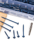 100 Piece Pocket Hole Screw Kit With Square Drive Drill Bit Blue Coated No 8 X 2 Inch Washer Head Wood Screws on a wooden board