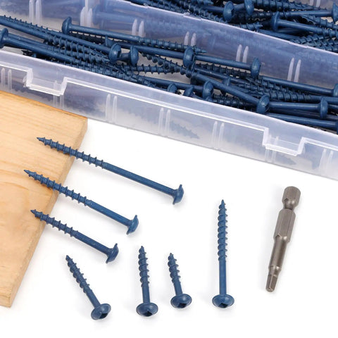 100 Piece Pocket Hole Screw Kit With Square Drive Drill Bit Blue Coated No 8 X 2 Inch Washer Head Wood Screws on a wooden board