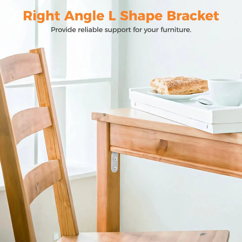 Heavy Duty Stainless Steel L Brackets Set With Screws, 100 Pack 90 Degree Corner Braces supporting table leg.