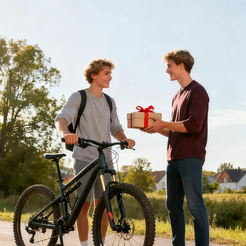 Two people outdoors with mountain bike, one holding a gift box, no clear connection to Two Pack Portable Bike Repair Stands With Flip Stand