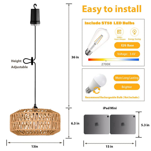 Laid Back Vibes 13 Inch Battery Powered Rattan Chandelier with adjustable height and dimmable feature, ideal for outdoor use.