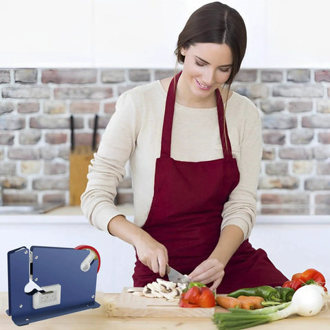 Heavy Duty Manual Bag Sealer With Razor Sharp Metal Tape Dispenser And Sweet Anti Slip Grip Hella Tough Frame for home bakery on kitchen counter.