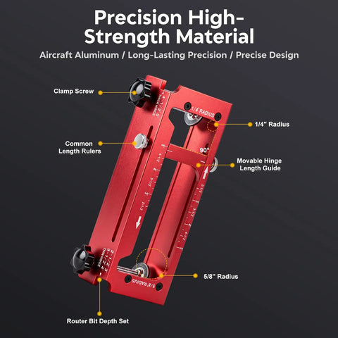 Unlock The Ultimate DIY Cheat Code With This Rock Solid Door Hinge Jig And Lock Installation Kit featuring a red aluminum clamp with precision measurements.