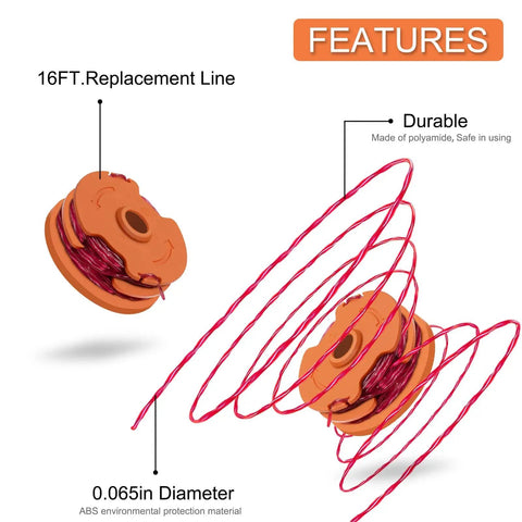 Trimmer Spools For Worx Weed Eater WG116 WG119 WG183 Two Spool Pack With 16 Feet Each Of 0.065 Inch Auto Feed Replacement String