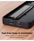 Close-up of Tool Free USB4 NVMe SSD Enclosure with snap-in installation, showcasing USB ports and sleek design.