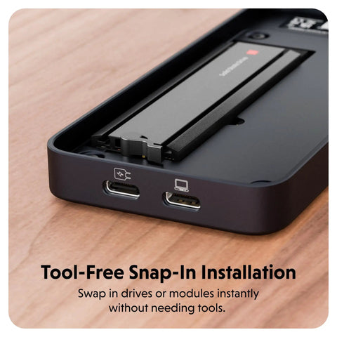 Close-up of Tool Free USB4 NVMe SSD Enclosure with snap-in installation, showcasing USB ports and sleek design.