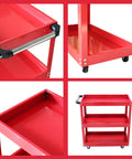 Three Tier Metal Rolling Tool Cart Heavy Duty Utility Cart With Easy Roll Wheels And Handy Handle, Portable Garage Shop Organizer For Tools And Parts, red steel 3-tier cart