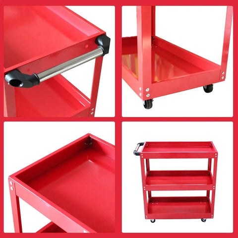 Three Tier Metal Rolling Tool Cart Heavy Duty Utility Cart With Easy Roll Wheels And Handy Handle, Portable Garage Shop Organizer For Tools And Parts, red steel 3-tier cart