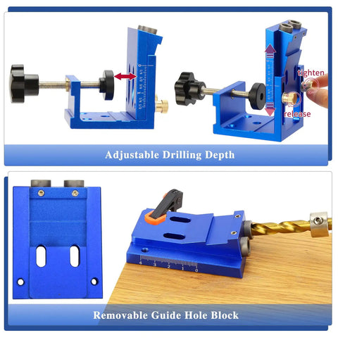 All In One Pocket Hole Jig Kit Pro Grade Heavy Duty Metal Pocket Screw Jig With 15 Degree Locator on wood surface