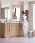 60 Inch Freestanding Double Sink Bathroom Vanity With White Quartz Countertop And Fluted Wood Finish, woman brushing teeth