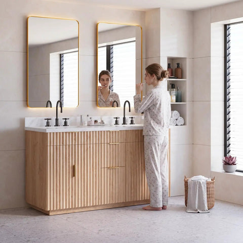 60 Inch Freestanding Double Sink Bathroom Vanity With White Quartz Countertop And Fluted Wood Finish, woman brushing teeth