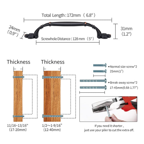Diagram showing Oil Rubbed Bronze Vintage Cabinet Hardware Pulls 5 Inch 128mm Screw Spacing Set dimensions and installation guidelines.