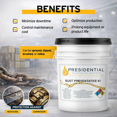 Oil Based Rust Preventative Penetrant And Lubricant For Rust And Corrosion Prevention In Industrial Applications 5 Gallon Made In USA Ideal For Heavy Duty Gear And Tools And Machinery pail with benefits.