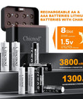 Chicnod 8-slot AA/AAA rechargeable lithium battery charger with four white AA and four black AAA cells