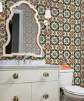 Pro Level Distressed Tiles Vinyl Wallpaper With Badass Leather Texture For Commercial Spaces And Home Renos Paste Required Super Durable Type Two Wallcovering Custom Printed Just For You Killer Interior Decor in a bathroom with floral pattern.