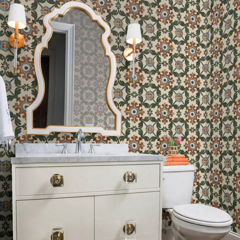 Pro Level Distressed Tiles Vinyl Wallpaper With Badass Leather Texture For Commercial Spaces And Home Renos Paste Required Super Durable Type Two Wallcovering Custom Printed Just For You Killer Interior Decor in a bathroom with floral pattern.