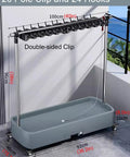 Heavy Duty Mop And Broom Holder Organizer Caddy For Garage And Workshop Storage Rack Keeps Cleaning Tools Handy And Off The Floor shown with 20 pole clips and 24 hooks on a balcony with dimensions displayed.
