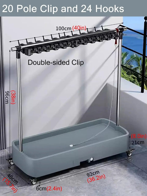 Heavy Duty Mop And Broom Organizer Cart Stand For Garage And Shop with 20 pole clips, stainless steel frame, on wheels